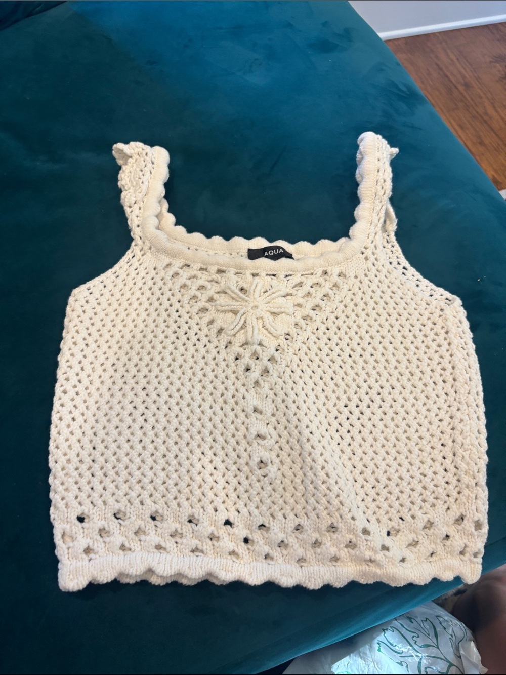 Aqua Cream Crochet Square-Neck Cropped Tank